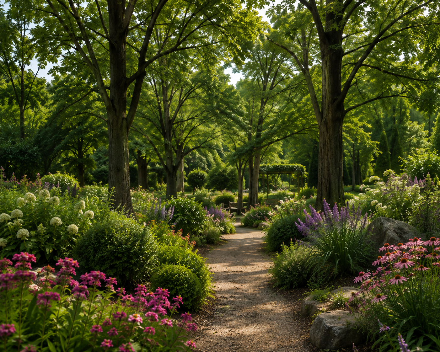 Garden path through flowers and trees at a local arboretum
