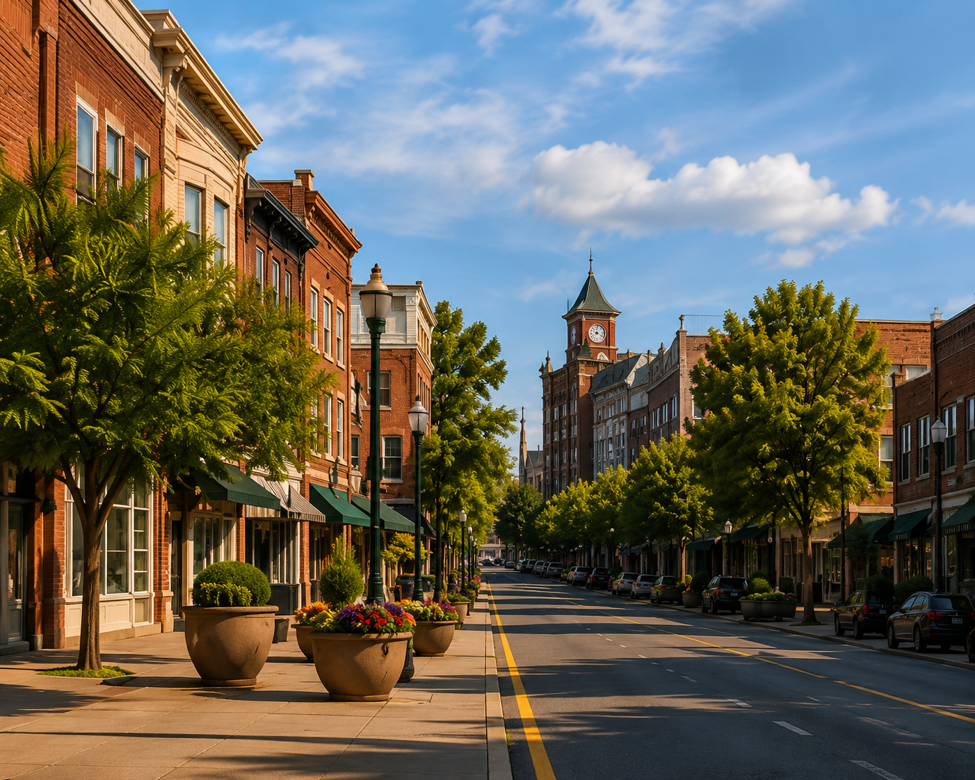Historic downtown Harrisonburg street toward the clock tower