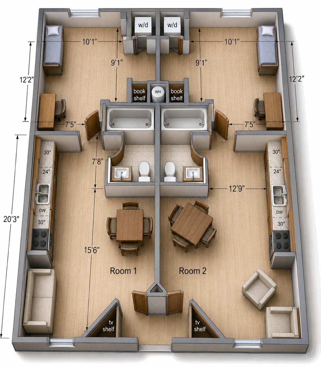 Furnished 3D floor plan view of a one-bedroom apartment
