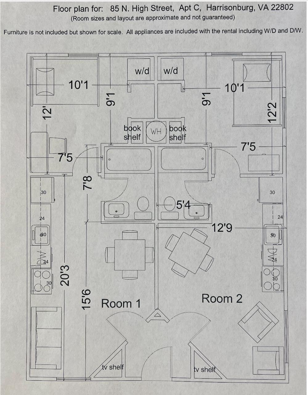 Measured floor plan for a one-bedroom apartment at 85 N. High Street
