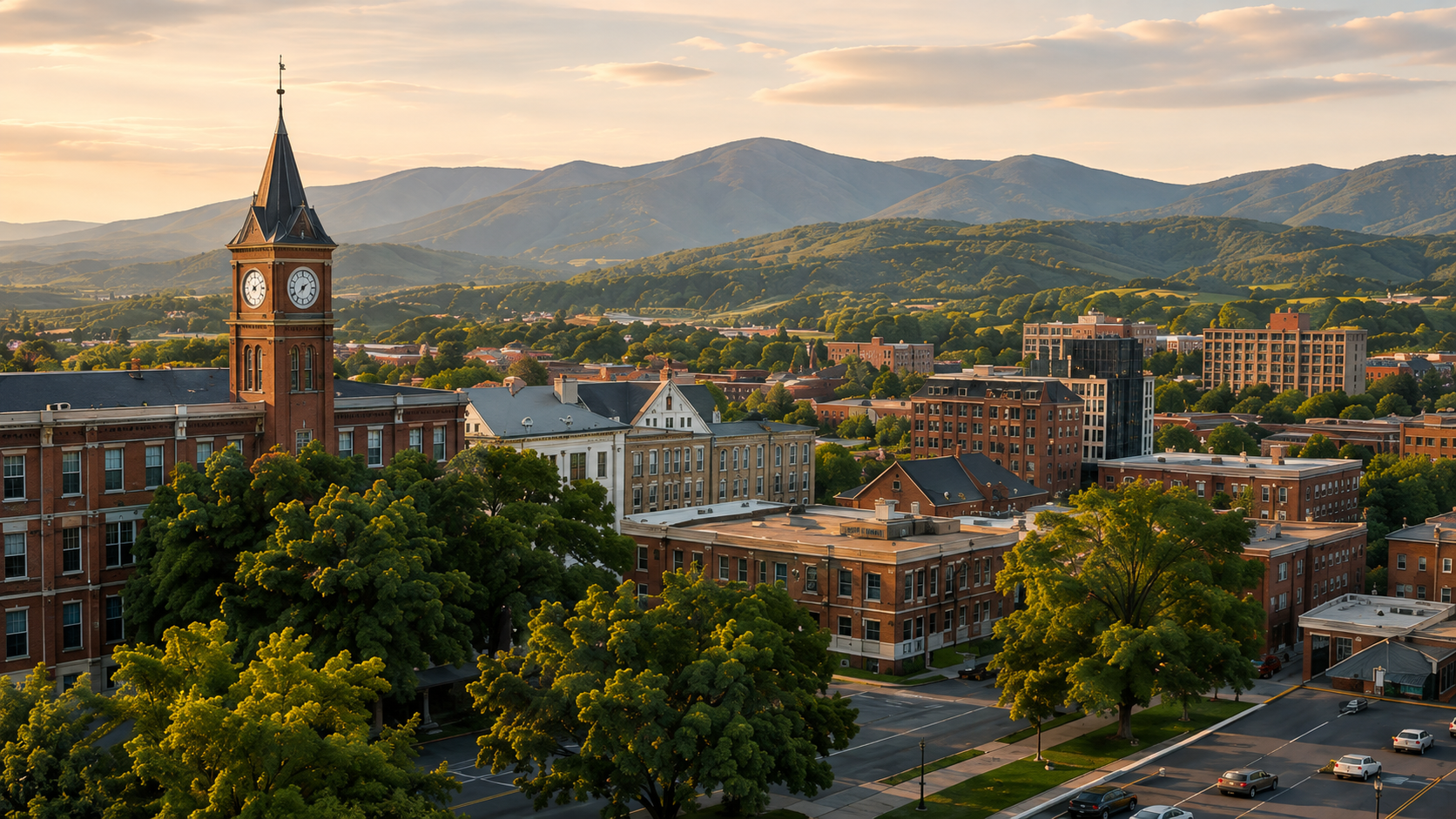 Downtown Harrisonburg with clock tower and Blue Ridge mountains at sunset