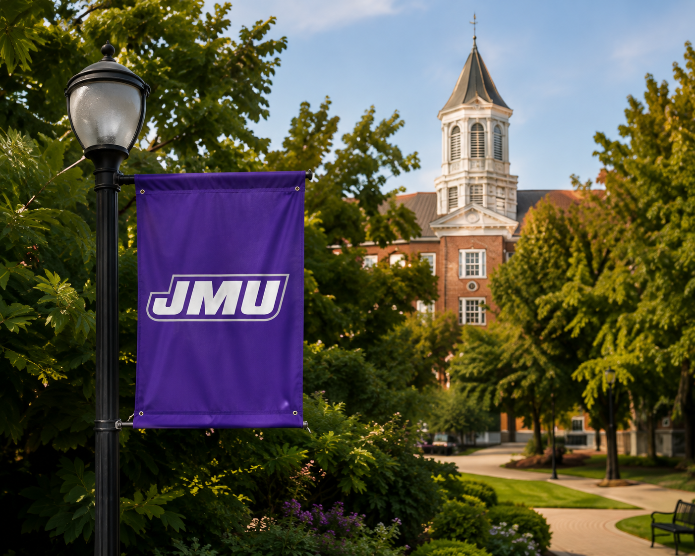 James Madison University campus banner and buildings