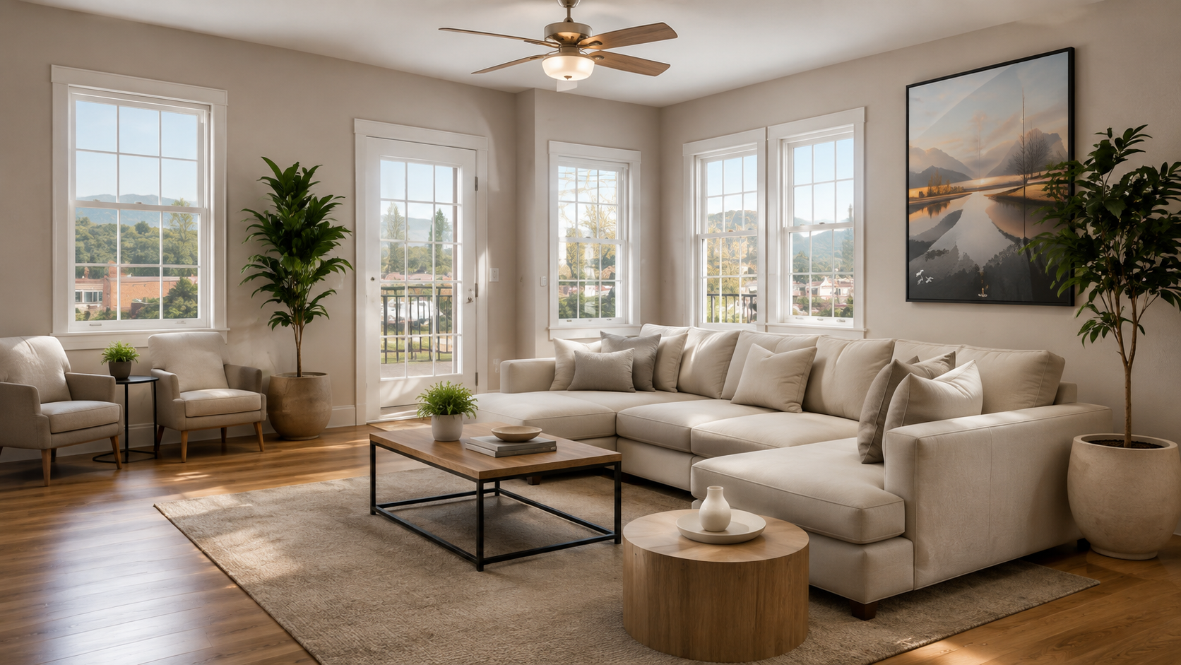 Bright living room with large windows and comfortable seating
