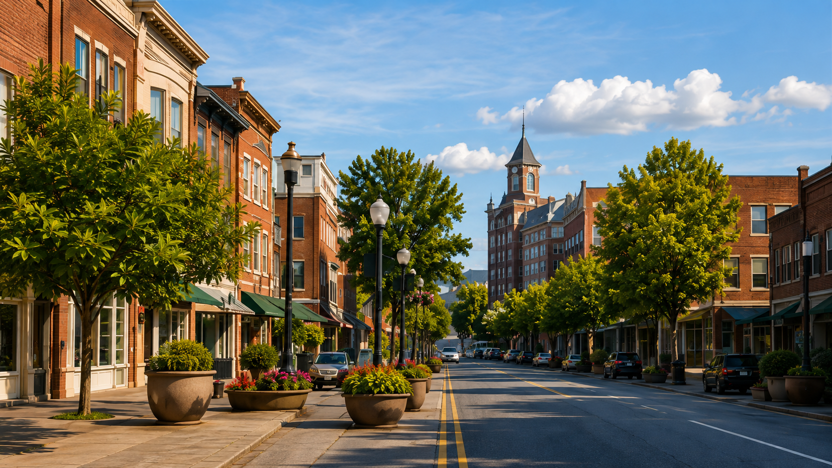 Tree-lined downtown Harrisonburg street with historic brick buildings